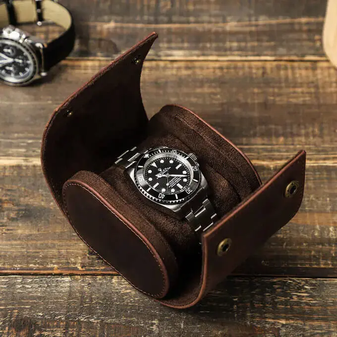 Coffee Genuine Leather Single Watch Roll Case for Men - Image 3