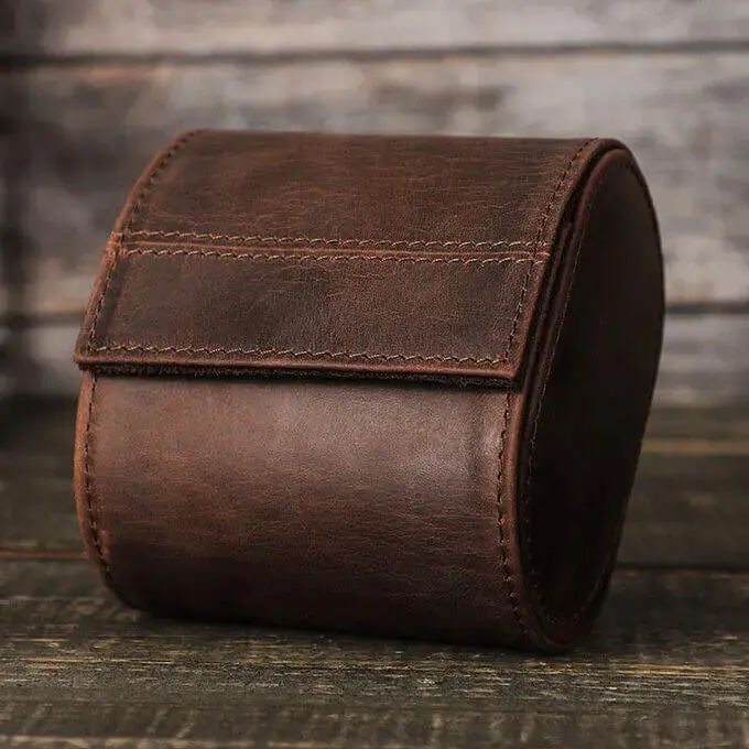 Coffee Genuine Leather Single Watch Roll Case for Men - Image 4