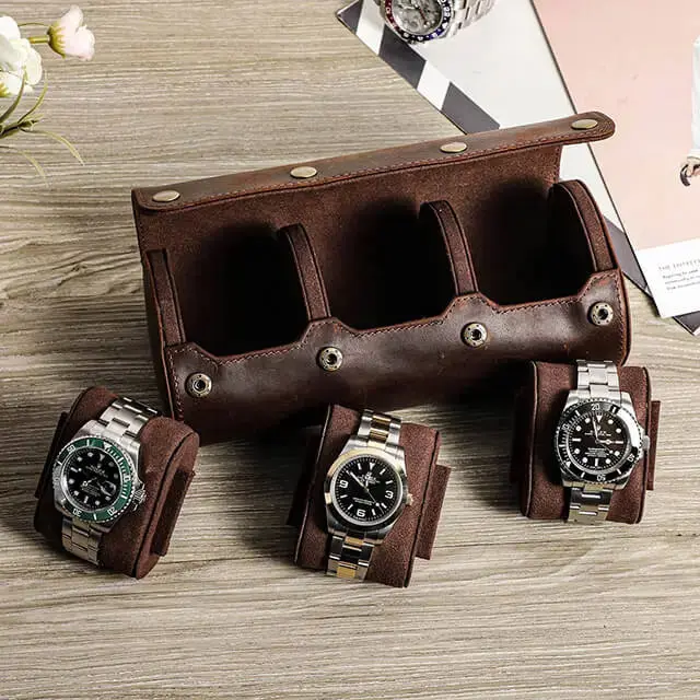 Coffee Genuine Leather Watch Roll Travel Case For 3 Watches - Image 3