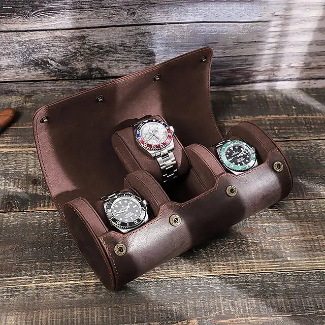 Coffee Genuine Leather Watch Roll Travel Case For 3 Watches - Image 4
