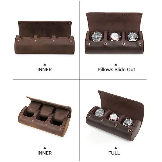 Coffee Genuine Leather Watch Roll Travel Case For 3 Watches - Image 6