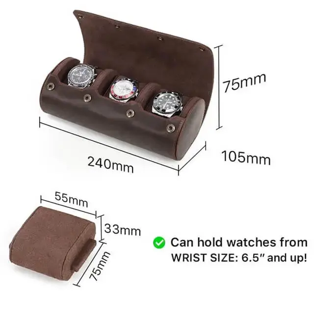 Coffee Genuine Leather Watch Roll Travel Case For 3 Watches - Image 7