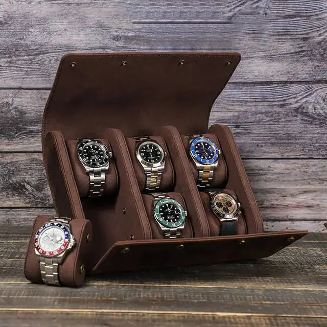 Coffee Genuine Leather Watch Roll Travel Case For 6 Watches - Image 3