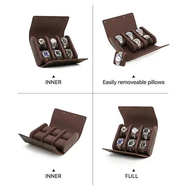 Coffee Genuine Leather Watch Roll Travel Case For 6 Watches - Image 5
