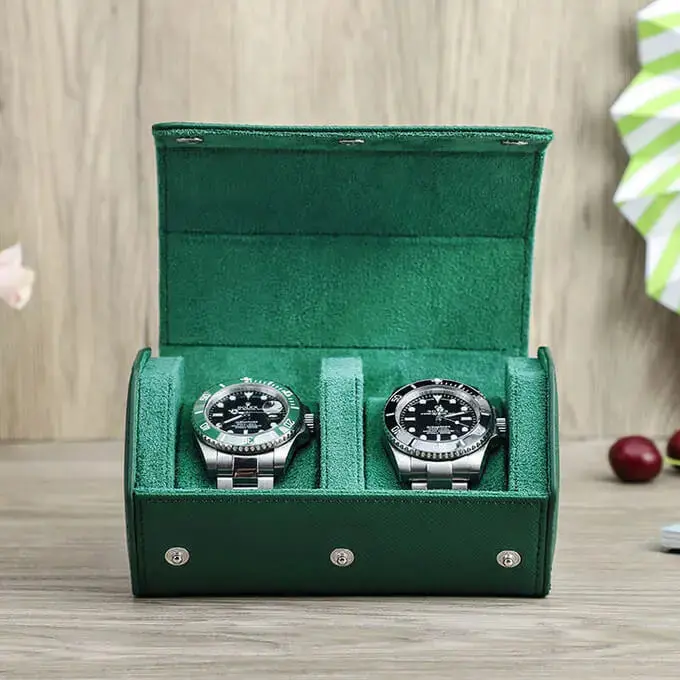 Green Leather Watch Case for Men Watch Roll Travel  Display-2 Slots - Image 3
