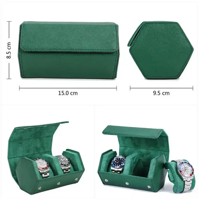 Green Leather Watch Case for Men Watch Roll Travel  Display-2 Slots - Image 5