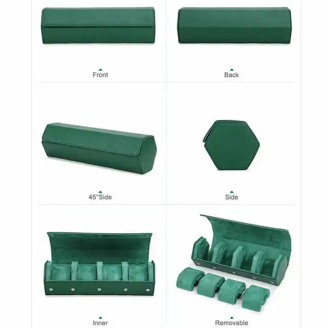 Leather Man Travel Watch Case Roll Organizer Classic Green-4 Slot - Image 5