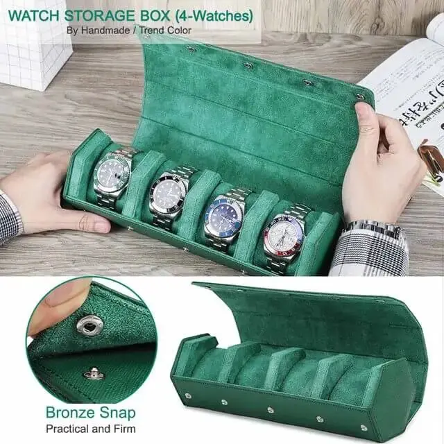 Leather Man Travel Watch Case Roll Organizer Classic Green-4 Slot - Image 6