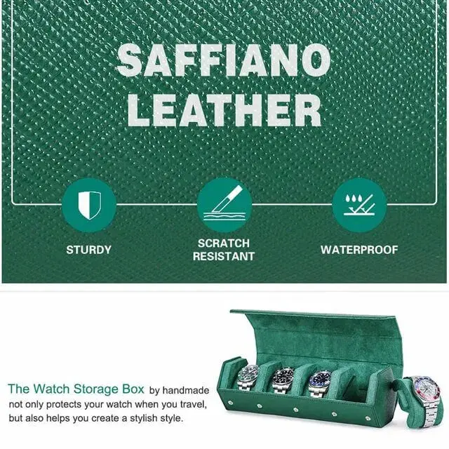 Leather Man Travel Watch Case Roll Organizer Classic Green-4 Slot - Image 7