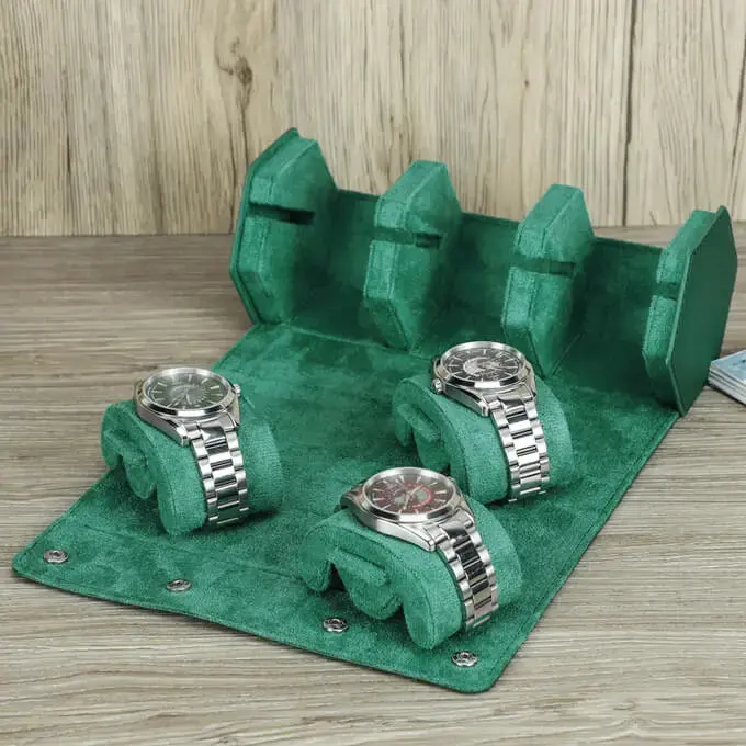 Leather Travel Watch Case Roll Organizer Classic Green-3 Slot - Image 3