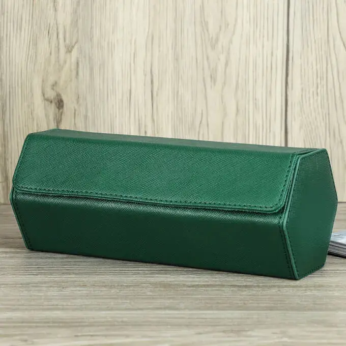 Leather Travel Watch Case Roll Organizer Classic Green-3 Slot - Image 4