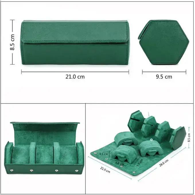 Leather Travel Watch Case Roll Organizer Classic Green-3 Slot - Image 5