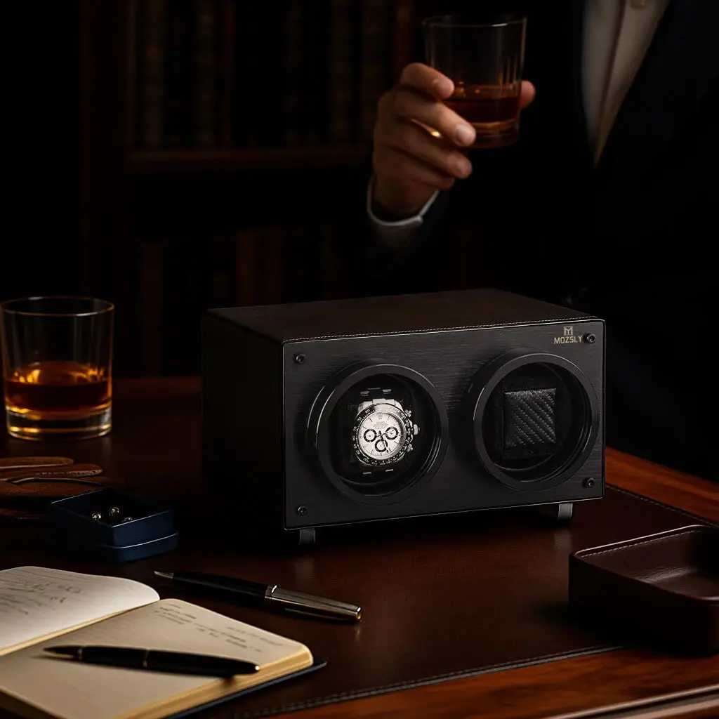 MOZSLY® Black Knight Double Watch Winder - Black Leather - Image 7