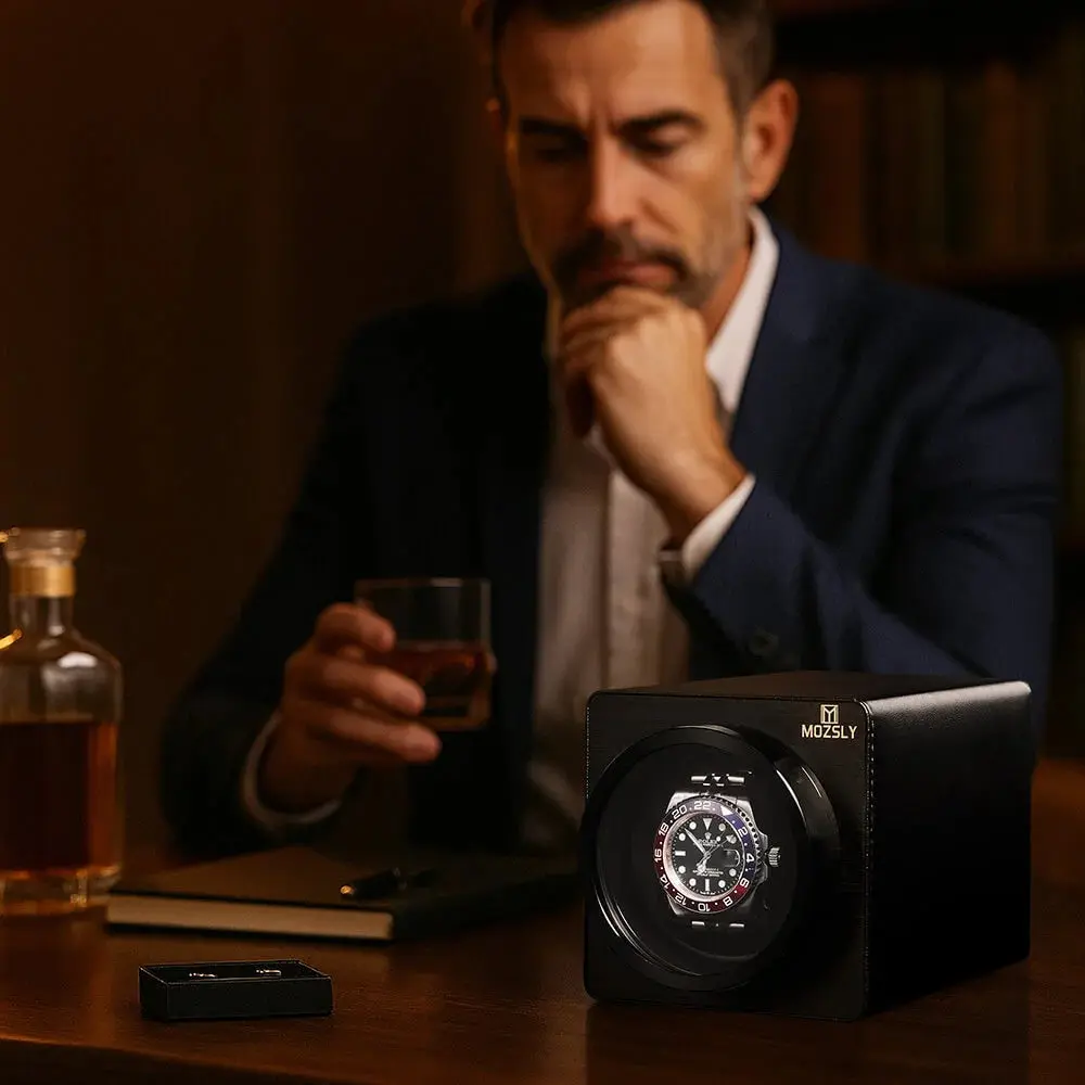 MOZSLY® Black Knight Single Watch Winder - Black Leather - Image 8