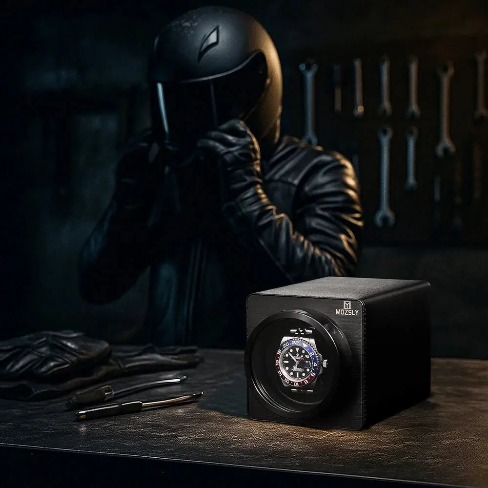 MOZSLY® Black Knight Single Watch Winder - Black Leather - Image 9