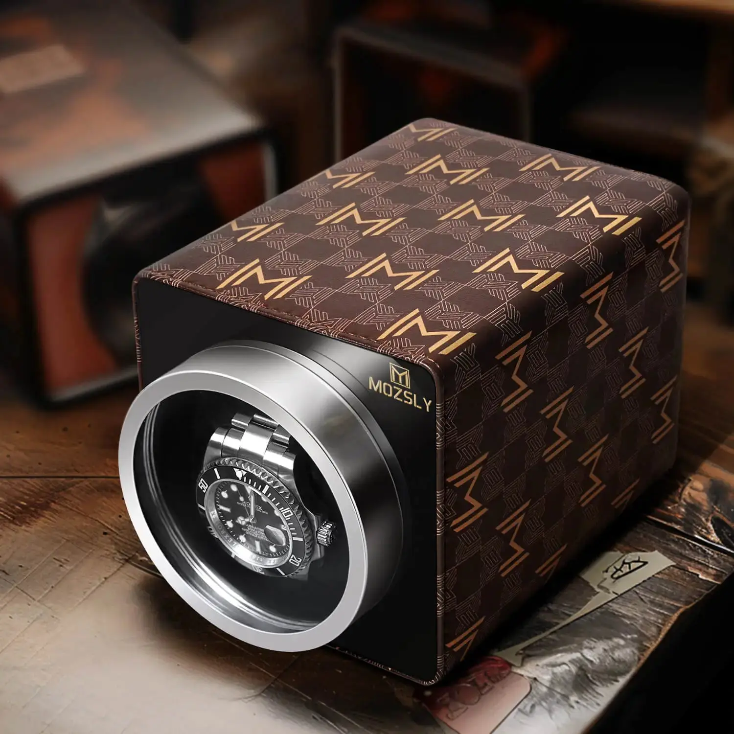 MOZSLY® Single Watch Winder - Brown Retro Prints - Image 5