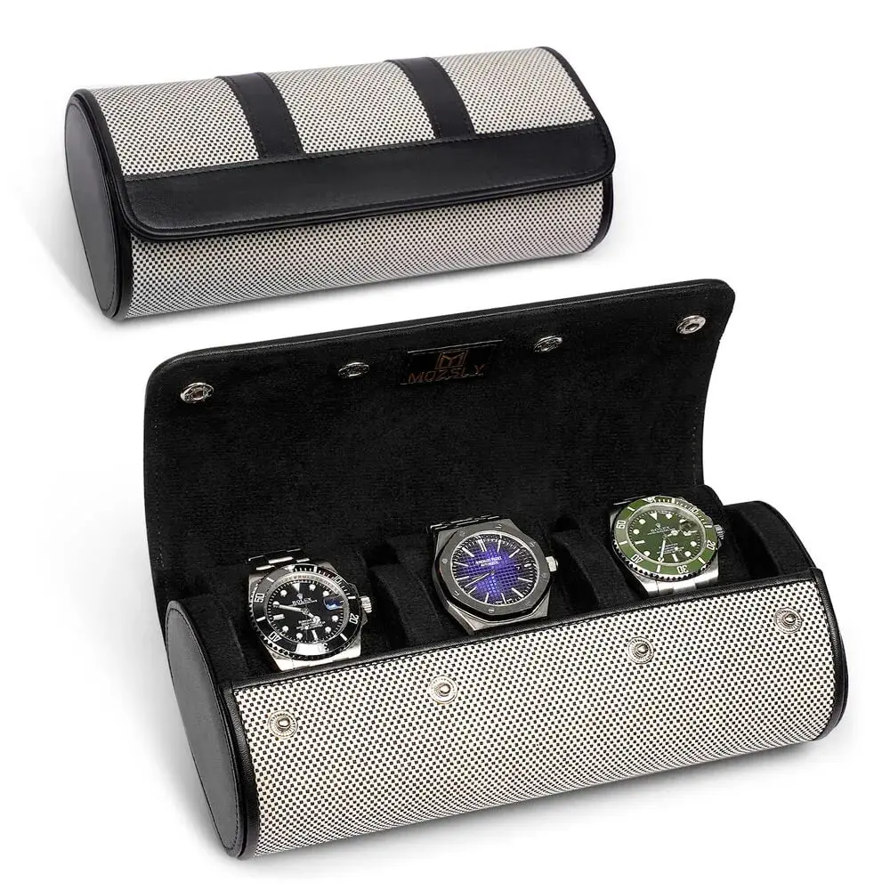 MOZSLY Travel Watch Roll for 3 Watches-Elegant Black-White - Image 3