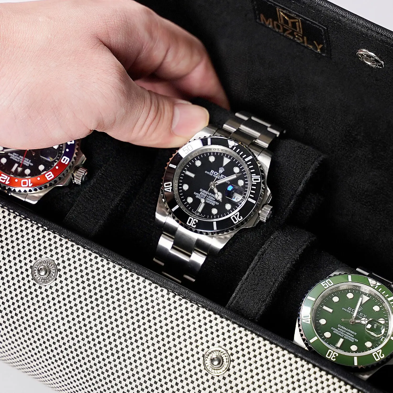 MOZSLY Travel Watch Roll for 3 Watches-Elegant Black-White - Image 7