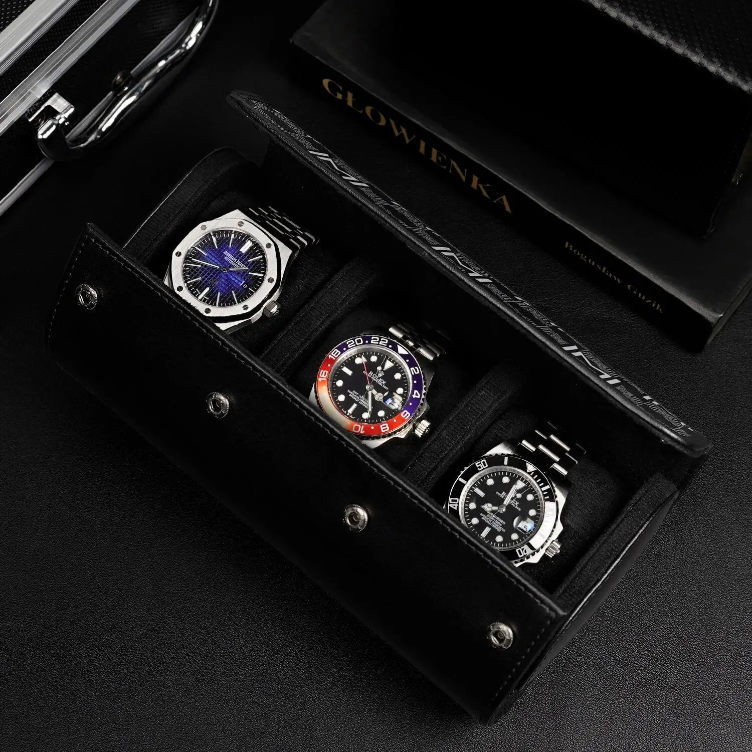 MOZSLY Watch Roll Travel Case 3 Slots - Black Retro Prints - Image 8