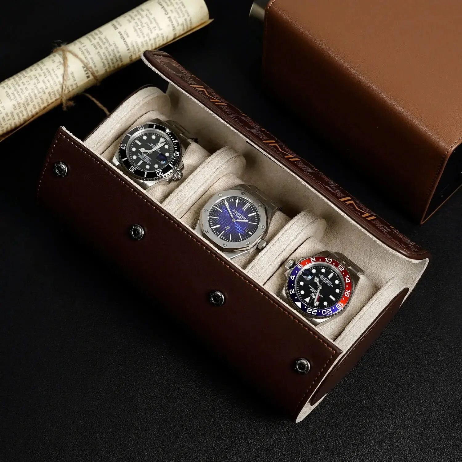 MOZSLY Watch Roll Travel Case 3 Slots - Brown Retro Prints - Image 8