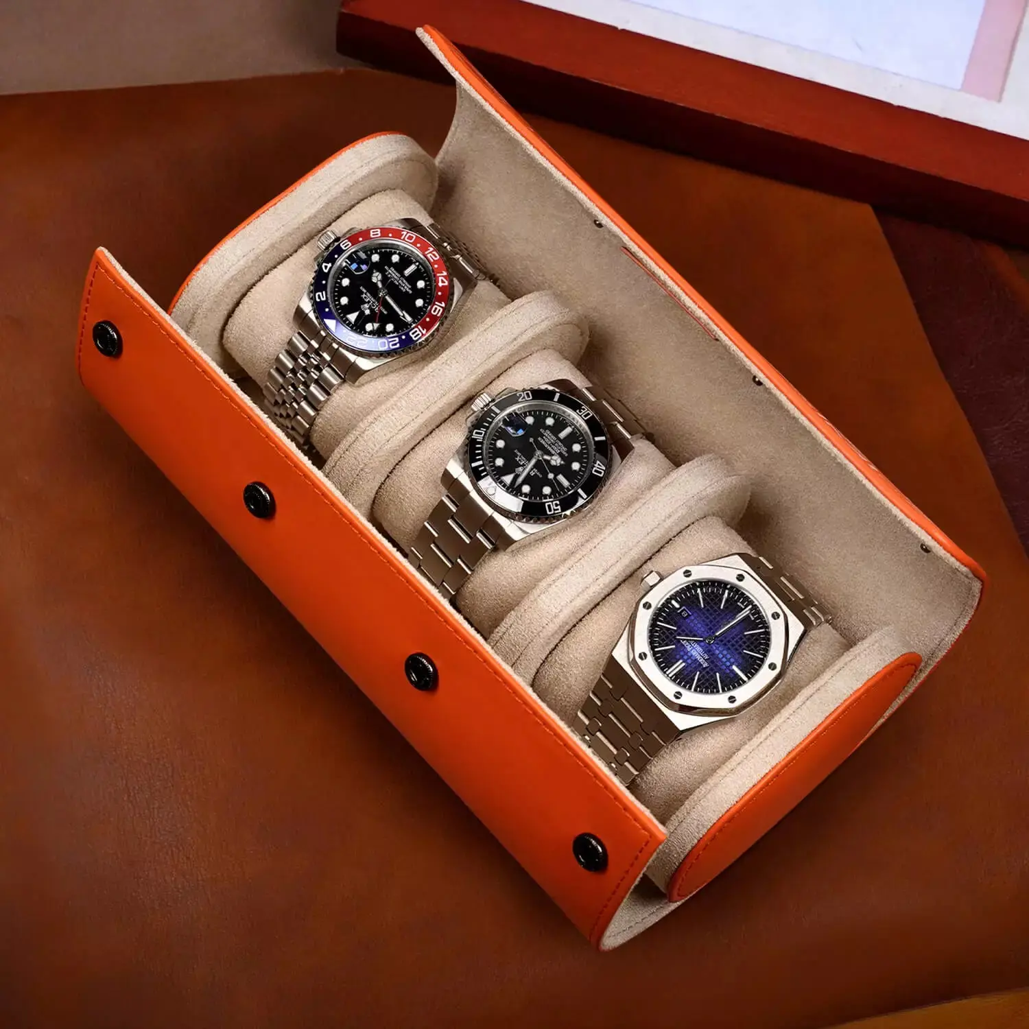 MOZSLY Watch Roll Travel Case 3 Slots - Orange Retro Prints - Image 8