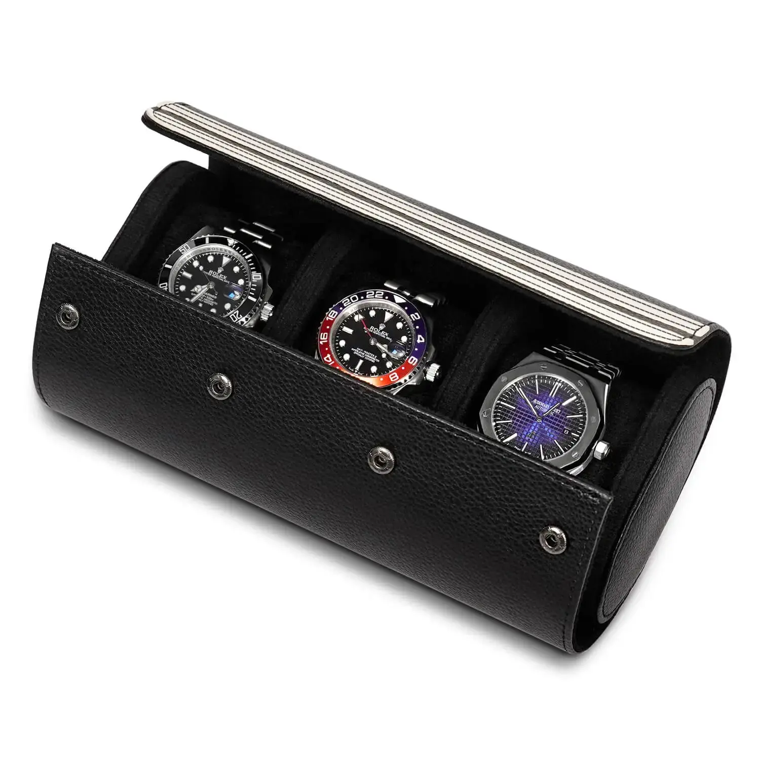 Watch Storage Organizer Roll Travel Case Vegan Leather-Black 3 Slots - Image 5