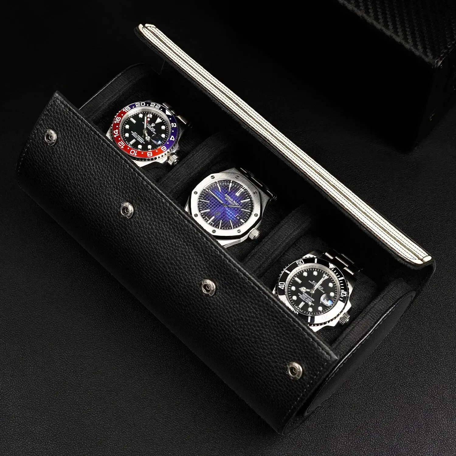 Watch Storage Organizer Roll Travel Case Vegan Leather-Black 3 Slots - Image 7