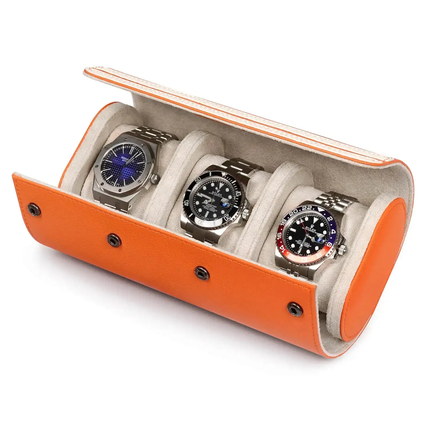 Watch Storage Organizer Roll Travel Case Vegan Leather-Orange 3 Slots - Image 5