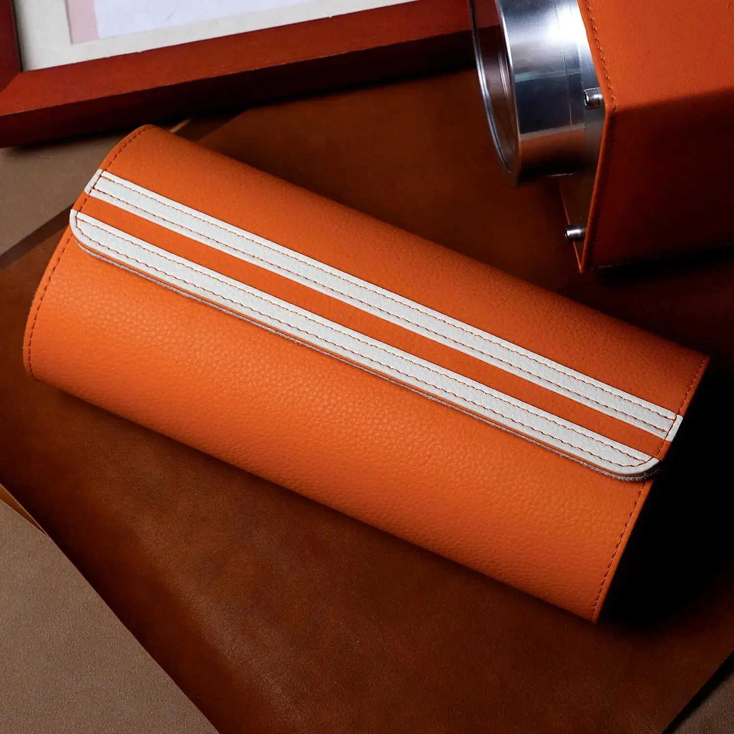 Watch Storage Organizer Roll Travel Case Vegan Leather-Orange 3 Slots - Image 6