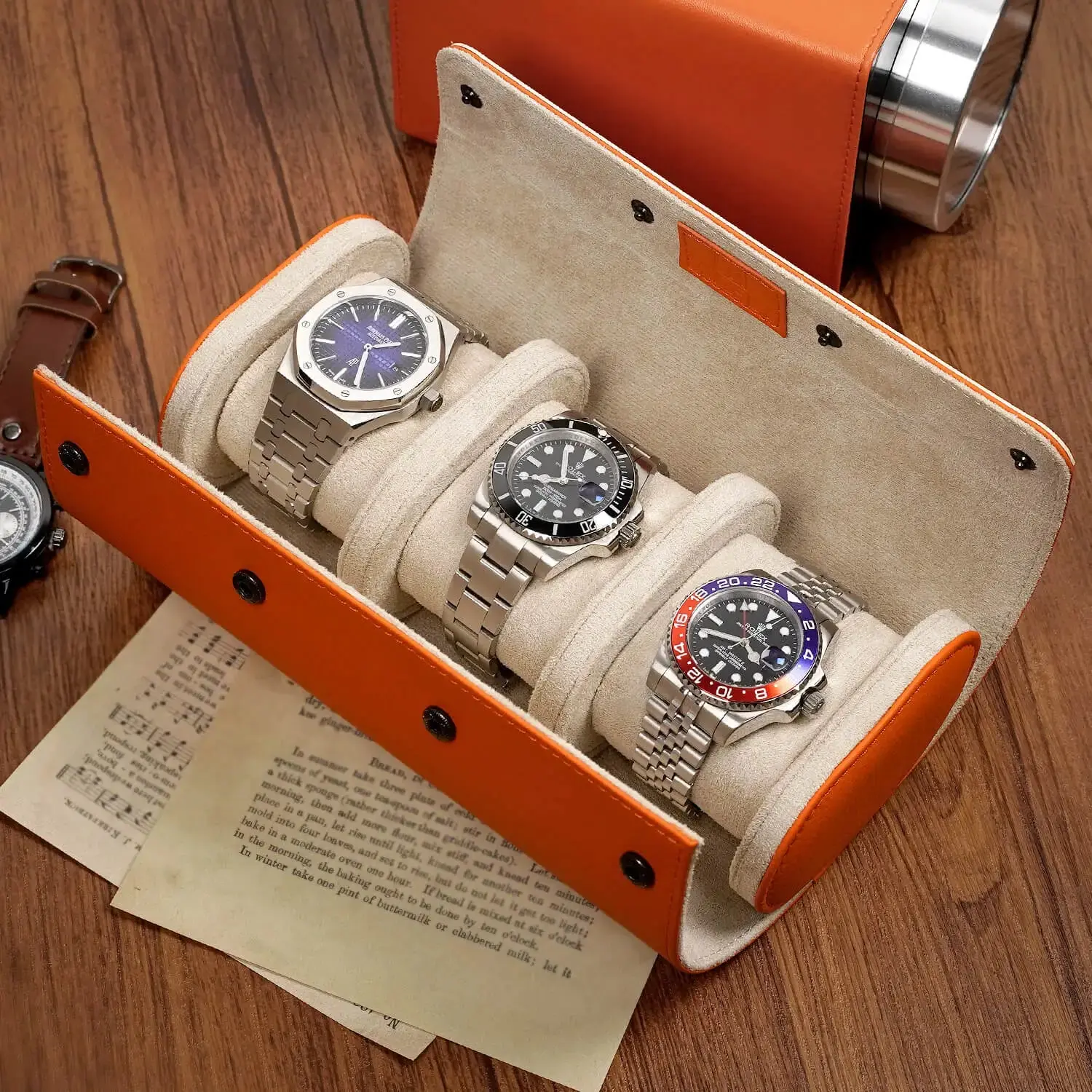 Watch Storage Organizer Roll Travel Case Vegan Leather-Orange 3 Slots - Image 7